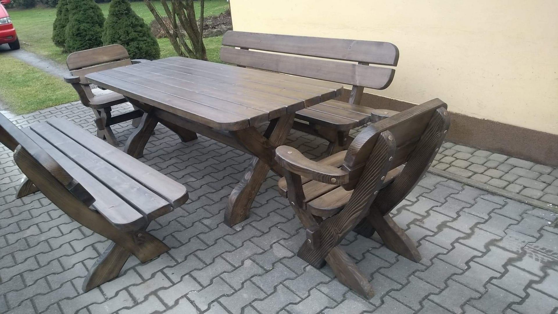 Stół drewniany meble ogrodowe zestaw 2 ławki 2 fotele Tokarnia - Zdjęcie 1