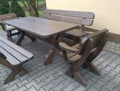 Stół drewniany meble ogrodowe zestaw 2 ławki 2 fotele