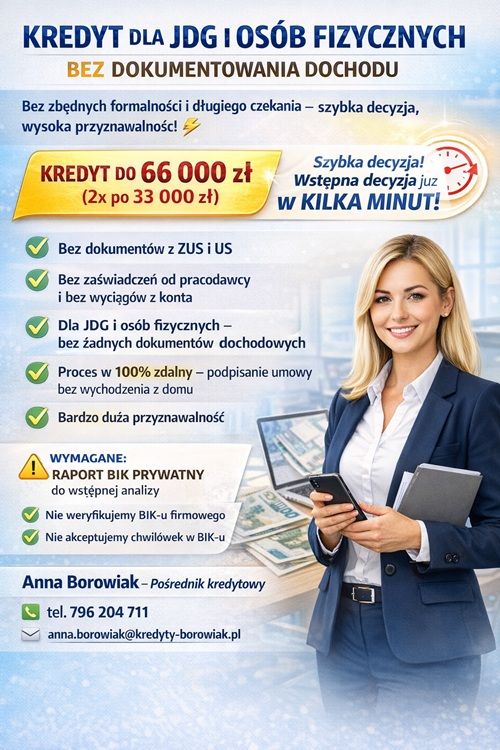 KREDYT DLA JDG I OSÓB FIZYCZNYCH BEZ DOKUMENTOWANIA DOCHODU Toruń - Zdjęcie 1