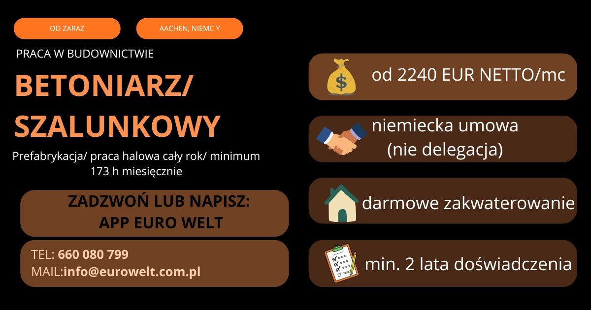 Niemcy/Betoniarz/Prefabrykacja/Od Zaraz 42-700 Lubliniec - Zdjęcie 1